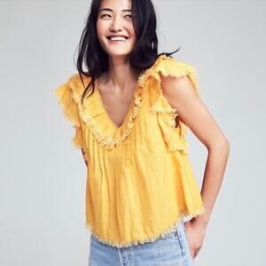 NWT Faherty Yosepha Marigold Linen Fringe Ruffle Blouse Size Large Boho Chic Top